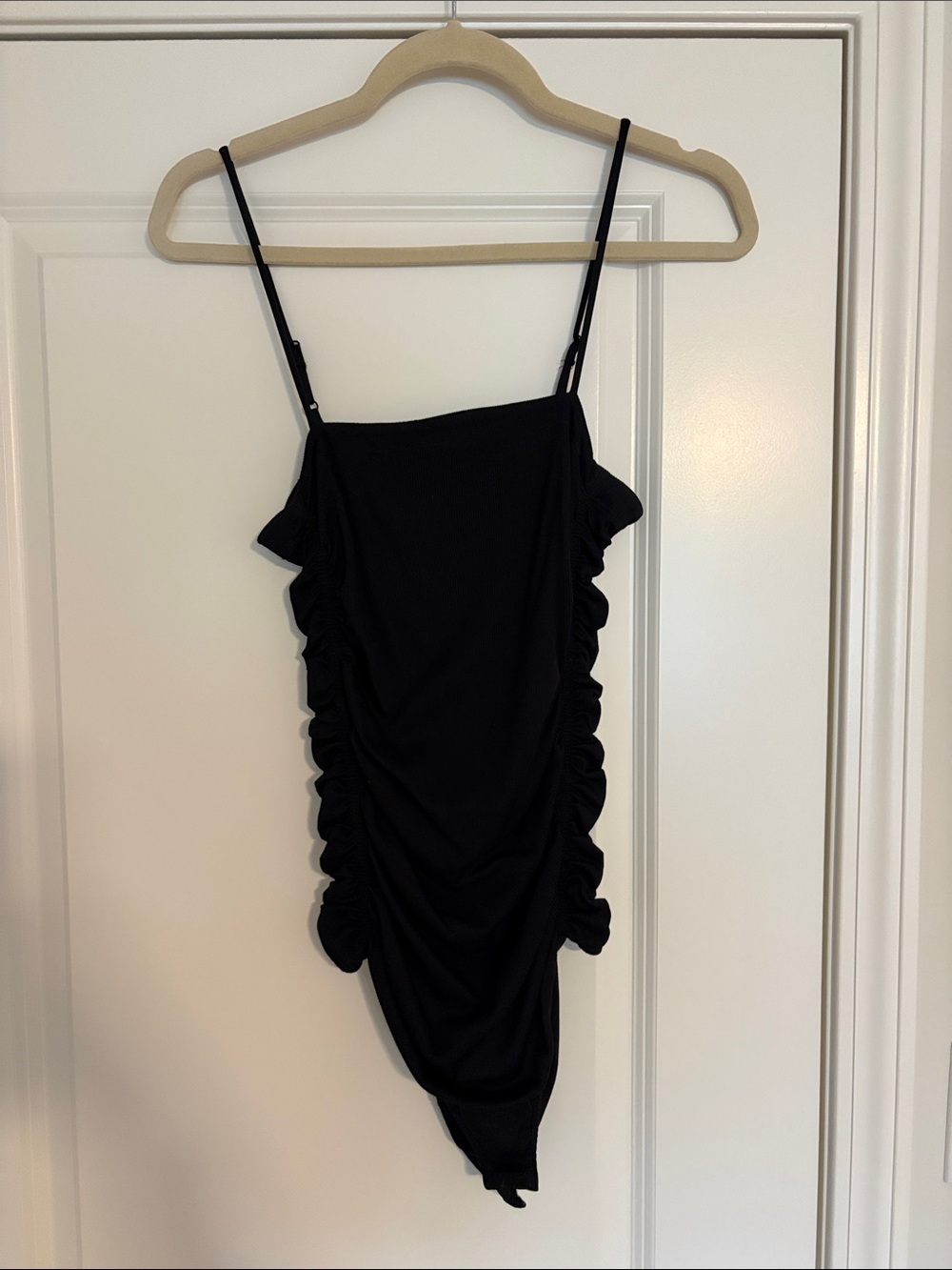 Free People Black Ruched Spaghetti Strap Bodysuit